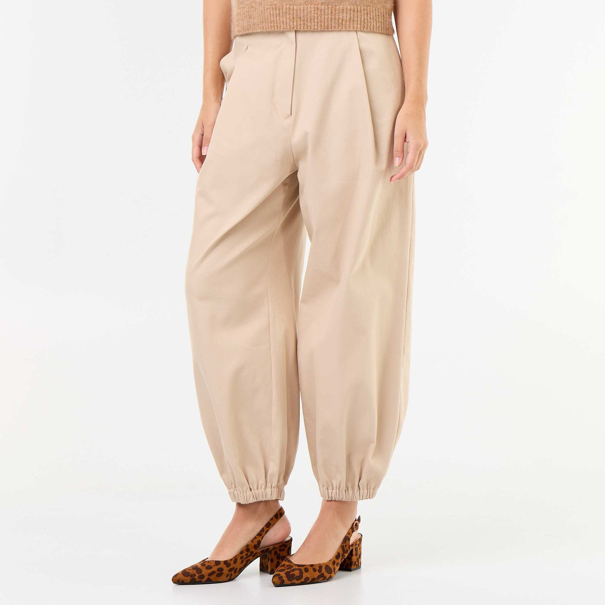 Statement Wide-Leg Trousers with Elasticated Cuffs BEIGE