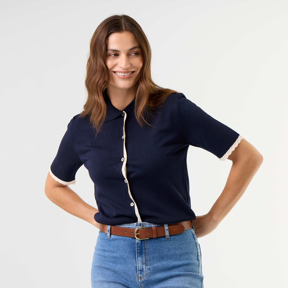 Short-Sleeved Knit Cardigan with Lace BLUE