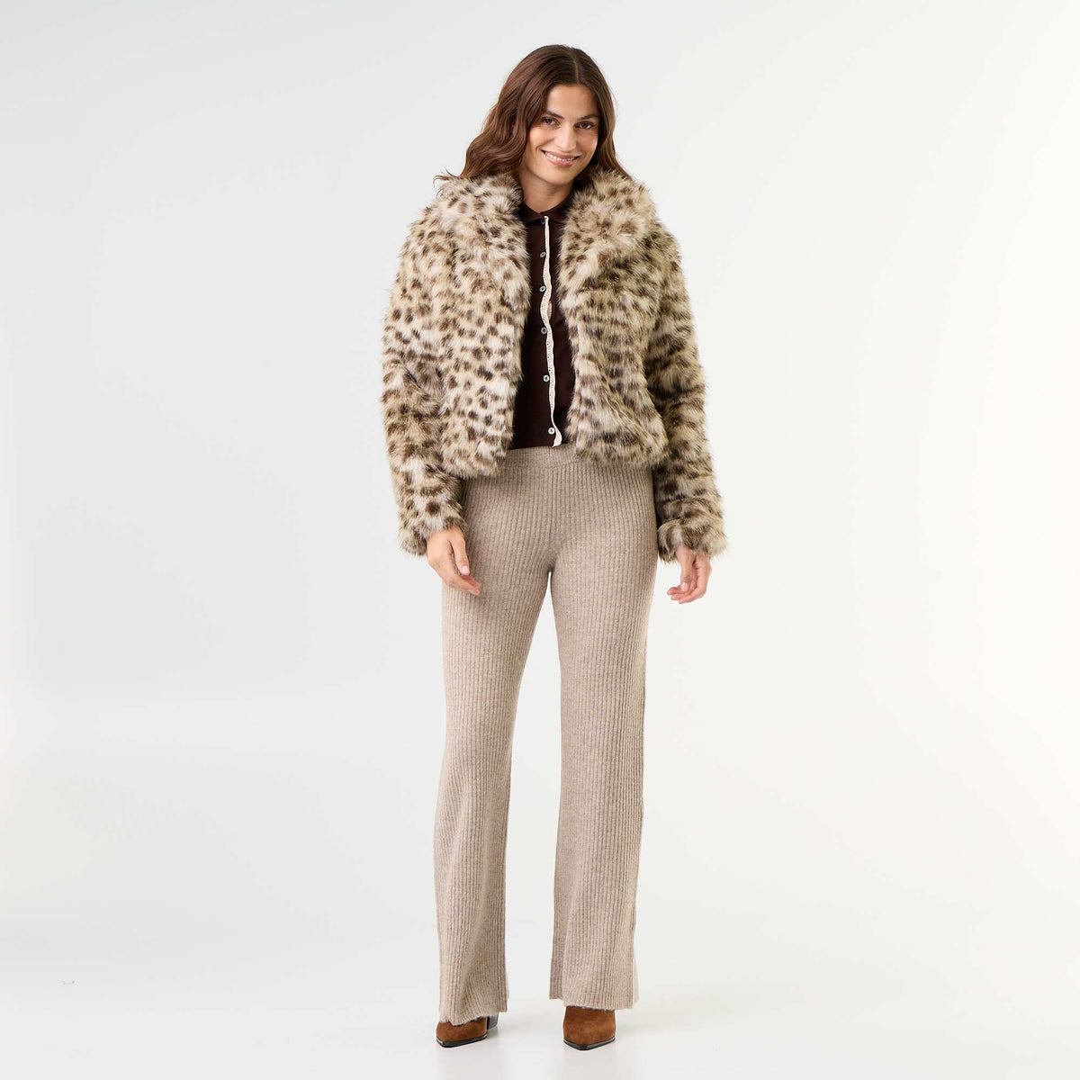 Short-Sleeved Knit Cardigan with Lace BROWN