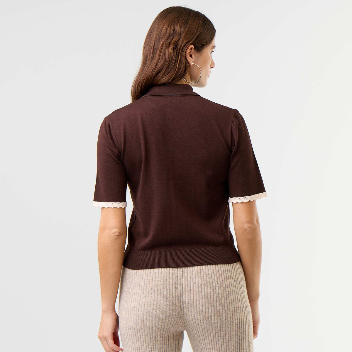 Short-Sleeved Knit Cardigan with Lace BROWN