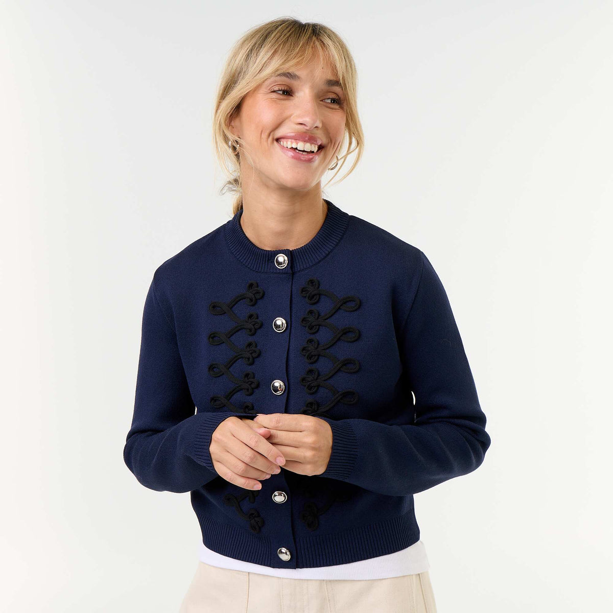 Officer-Style Cardigan with Decorative Braiding BLUE