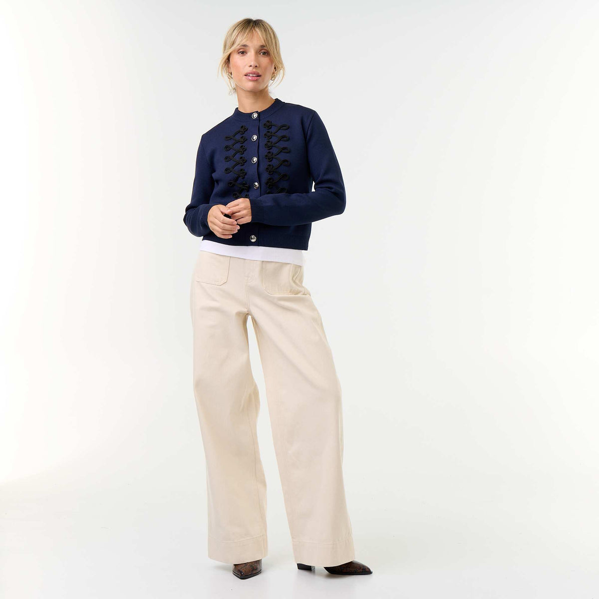 Officer-Style Cardigan with Decorative Braiding BLUE