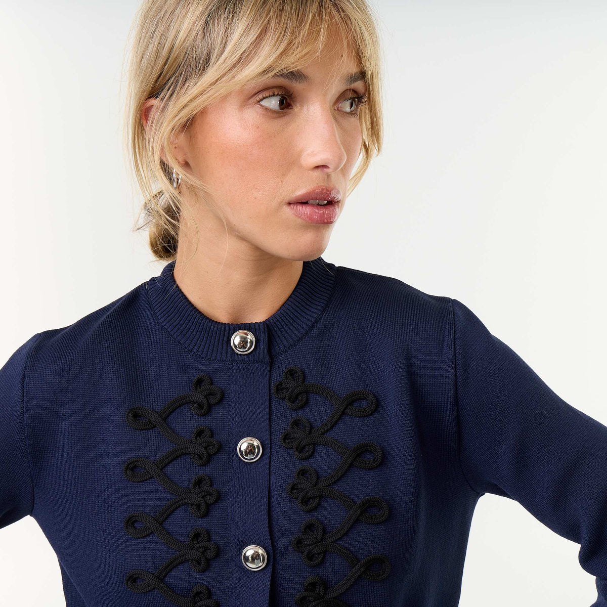 Officer-Style Cardigan with Decorative Braiding BLUE