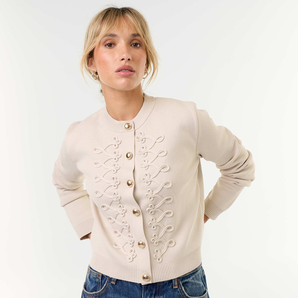 Officer-Style Cardigan with Decorative Braiding BEIGE