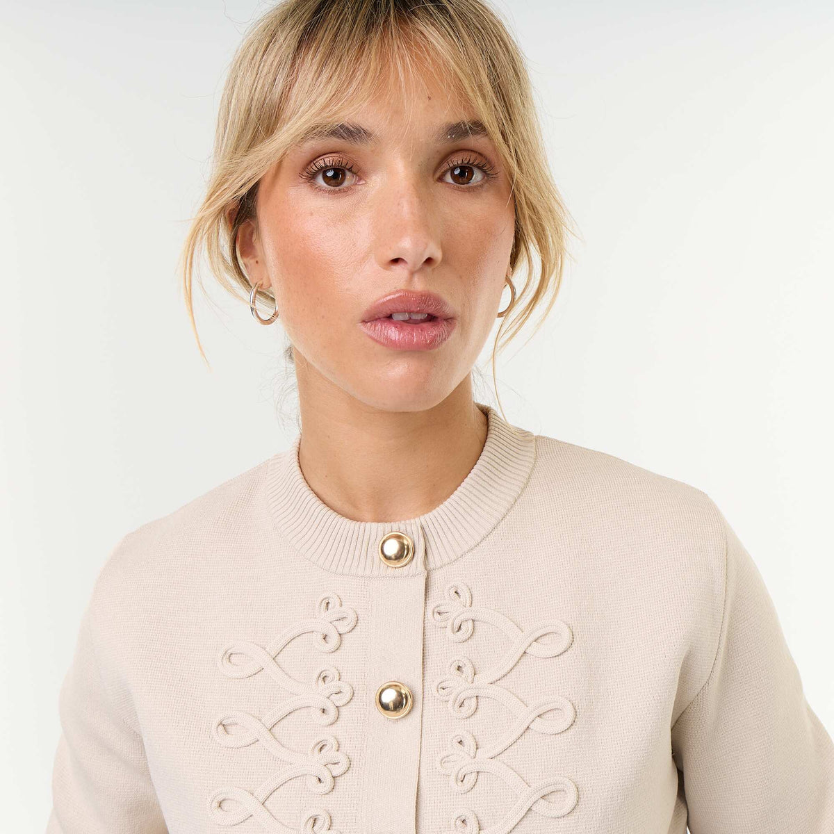 Officer-Style Cardigan with Decorative Braiding BEIGE