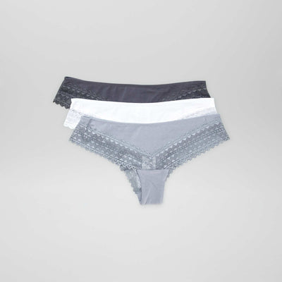 Pack of 3 pairs of cotton and lace tanga briefs BLUE