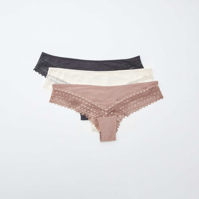 Pack of 3 pairs of cotton and lace tanga briefs PINK