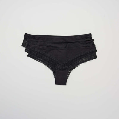 Pack of 3 pairs of cotton and lace tanga briefs BLACK
