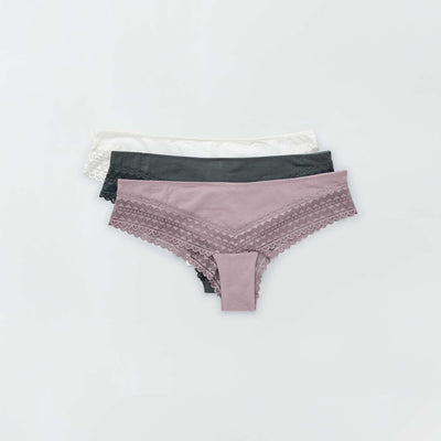 Pack of 3 pairs of cotton and lace tanga briefs PINK