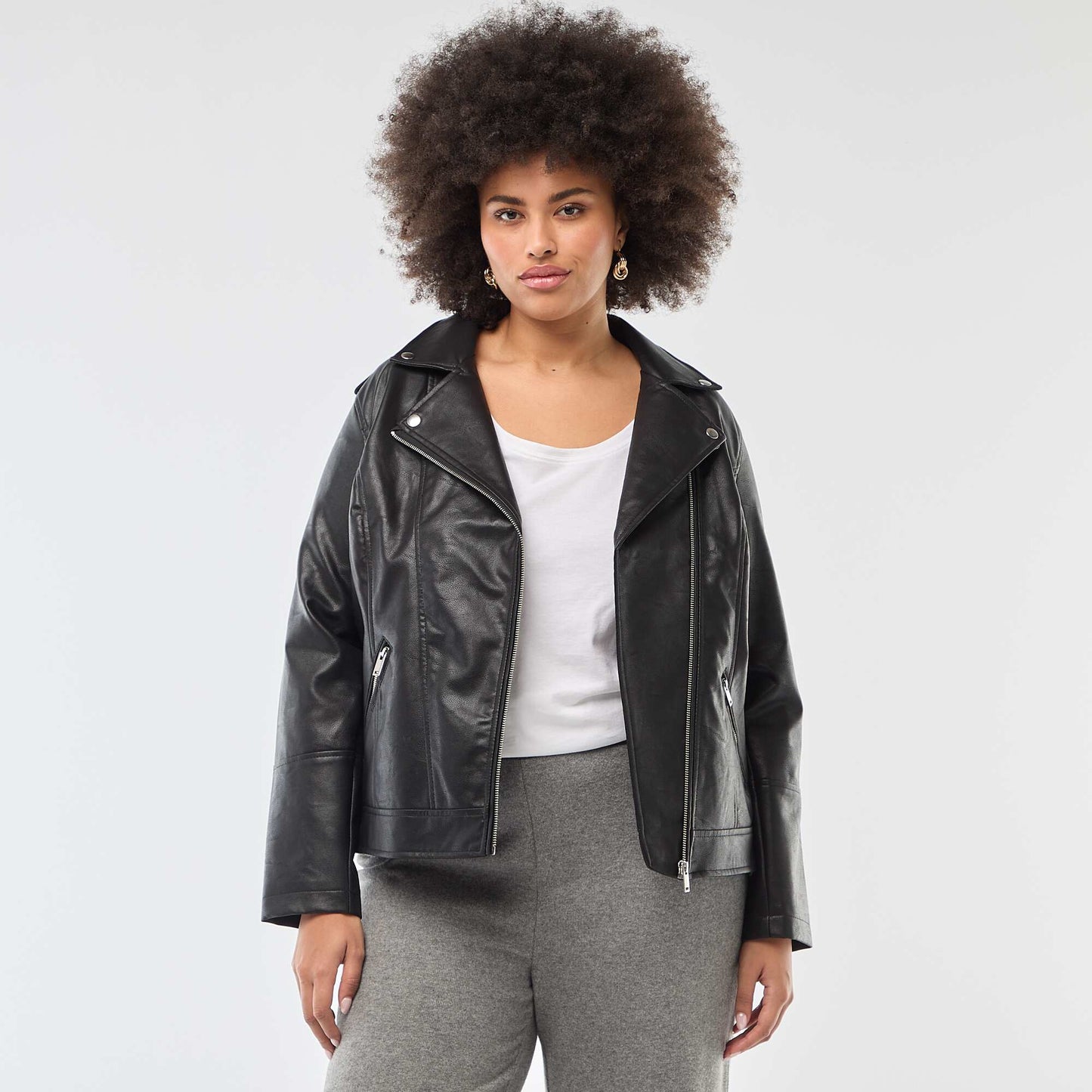Faux Leather Jacket with Notched Collar BLACK