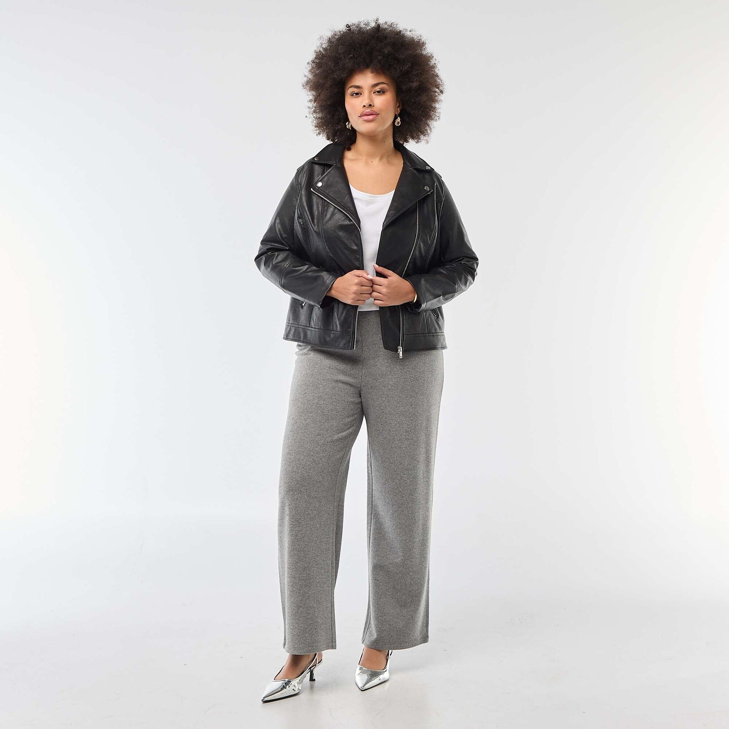 Faux Leather Jacket with Notched Collar BLACK