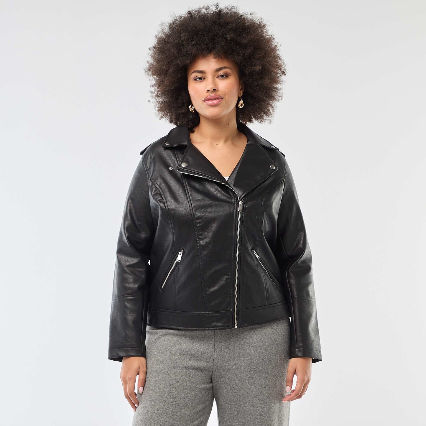 Faux Leather Jacket with Notched Collar BLACK