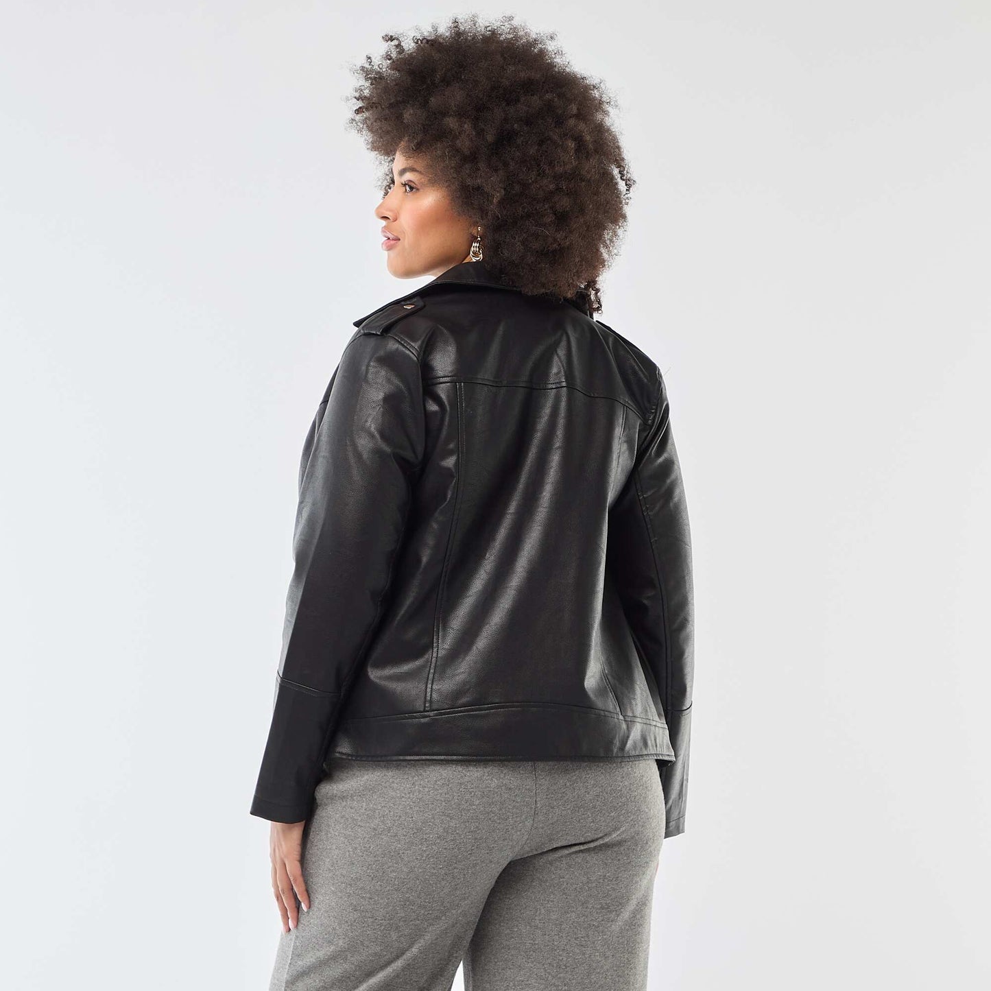 Faux Leather Jacket with Notched Collar BLACK